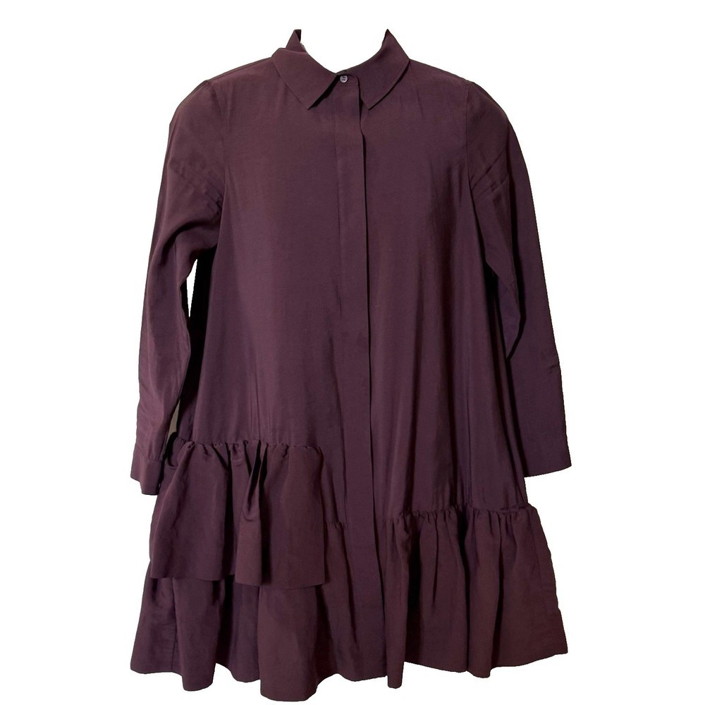 COS Frilled Shirt Dress Womens Size US 8 Ruffle-Hem Plum Pockets Long Sleeve